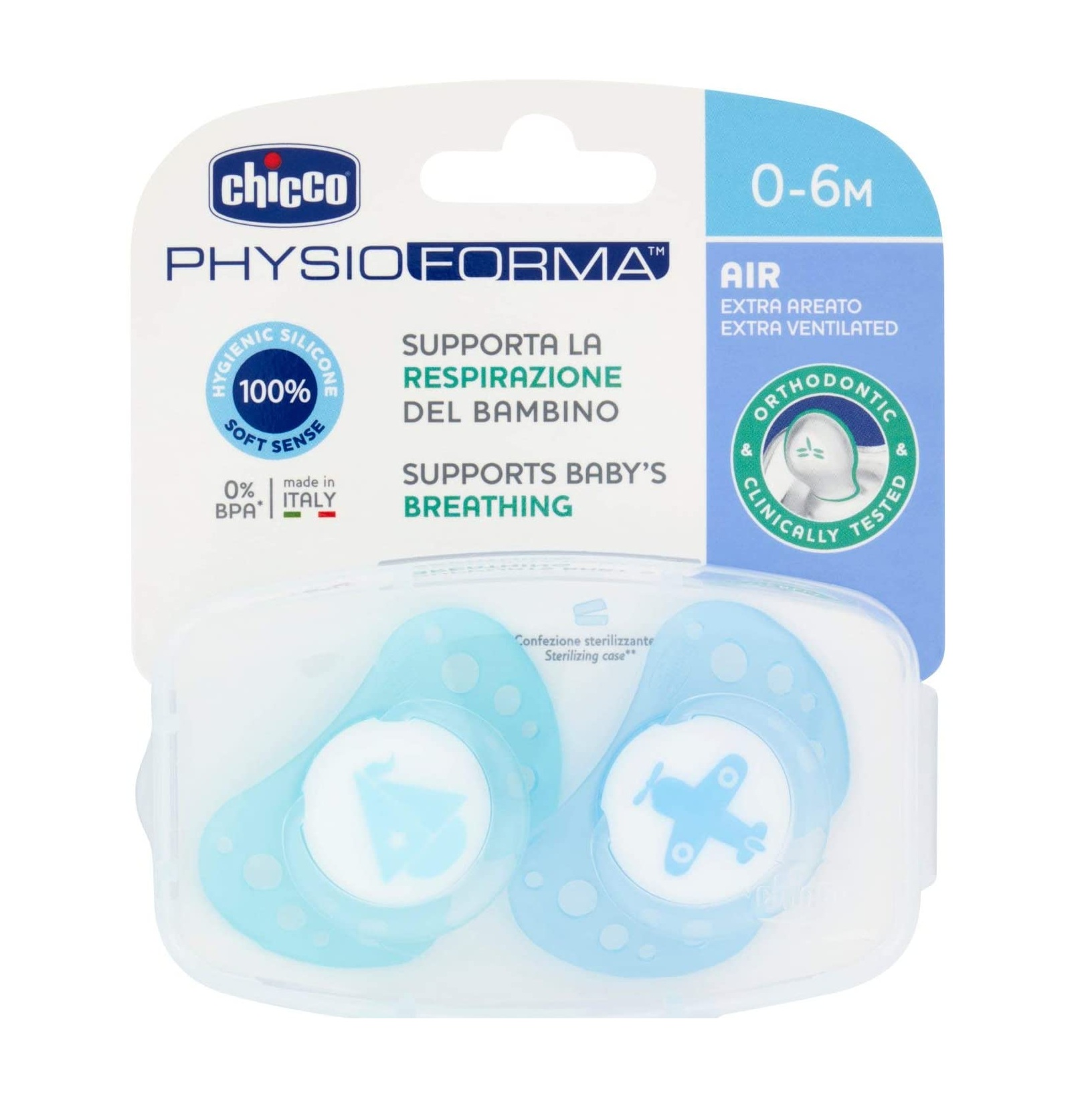 Chicco Physio Forma Air Sucette Silicone Phosphorescente +16m Fusée Luciole  Lot de 2 + Boite de Stérilisation