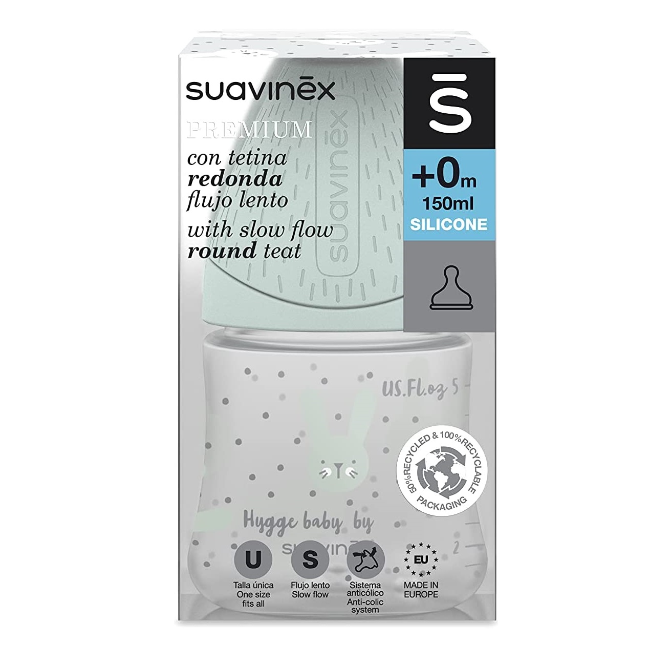 Suavinex Biberon Premium en Plastique Tétine ronde en Silicone Débit lent  150 ml