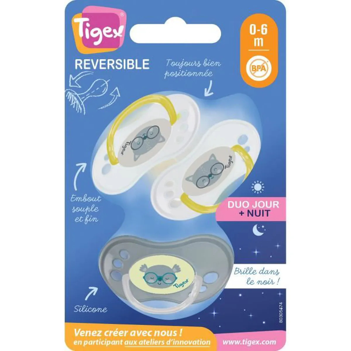 Tigex 3 Sucettes Jour & Nuit Réversible 0-6 M