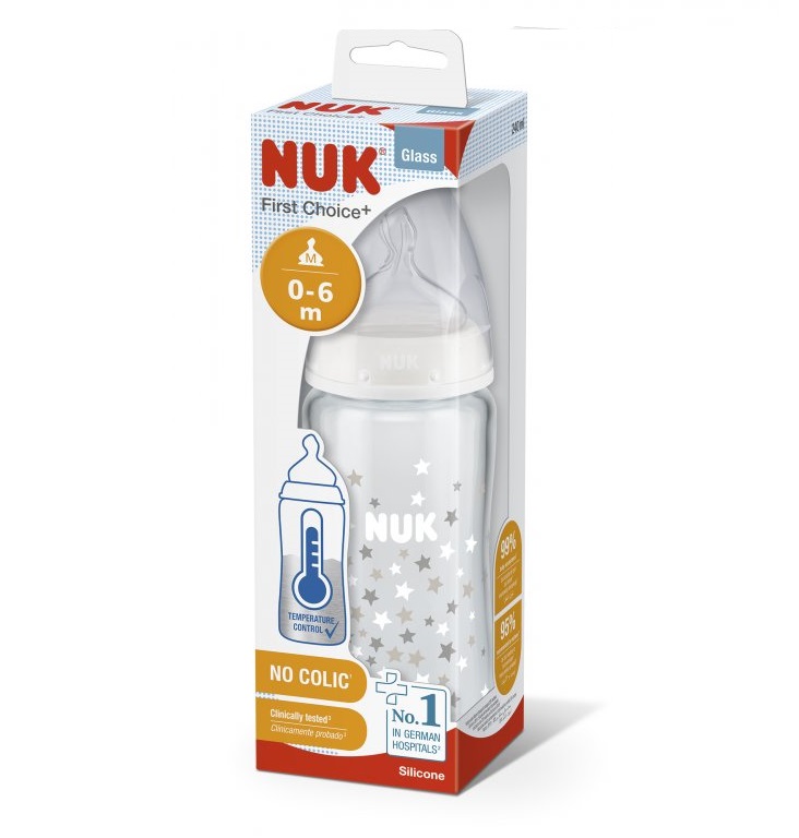 Biberon first choice+ en verre 0-6 mois 240 ml jaune- nuk