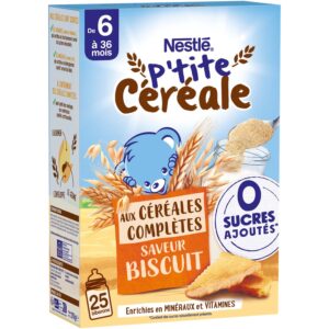 NESTLÉ P’tite Céréales Aux Céréales Complètes Saveur Biscuit 0 Sucres Ajoutés, 6 a 36 mois