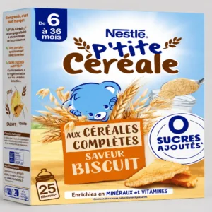NESTLÉ P’tite Céréales Aux Céréales Complètes Saveur Biscuit 0 Sucres Ajoutés, 6 a 36 mois