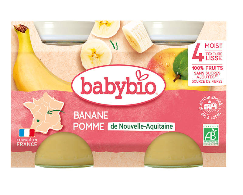 Babybio Compote Bébé dès 4 Mois Banane Pomme de Nouvelle-Aquitaine 2x130g