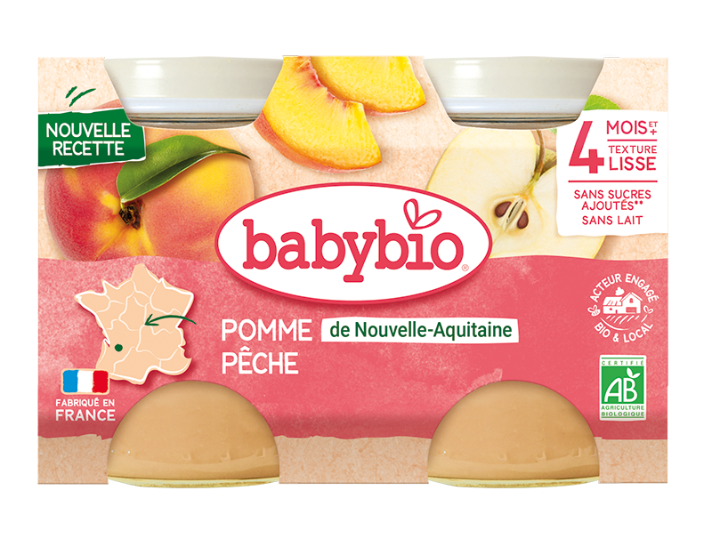 Babybio Compote Bébé dès 4 Mois Pêche Pomme de Nouvelle-Aquitaine 2x130g