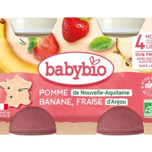 Babybio Compote Bébé dès 4 Mois Pomme de Nouvelle-Aquitaine Banane Fraise d'Anjou 2x130g