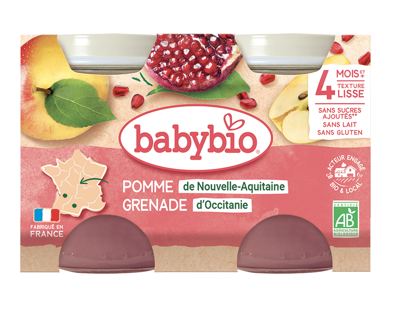 Babybio Compote Bébé dès 4 Mois Pomme de Nouvelle-Aquitaine Grenade d'Occitanie 2x130g